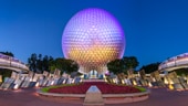 Flowers and trees at the base of Spaceship Earth at Epcot